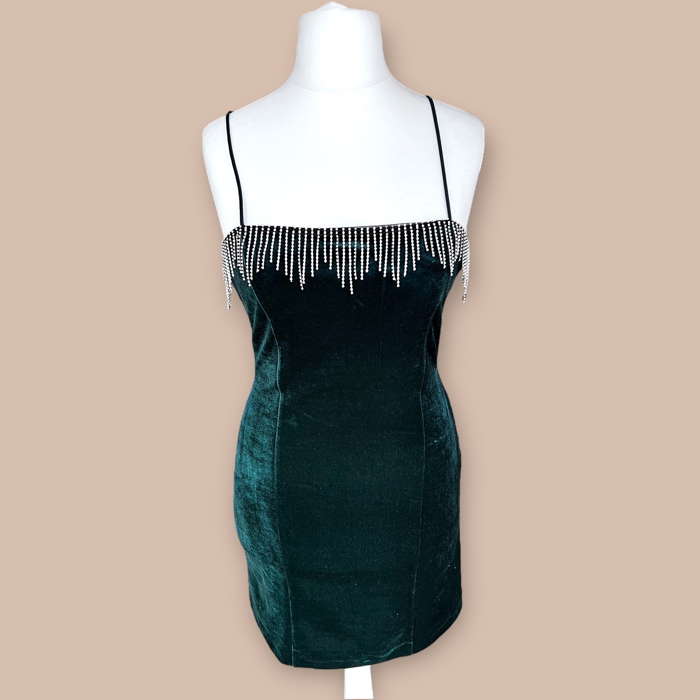 Zara green emerald velvet velour mini short cami embellished party dress size L M 10 12 0387 192 501