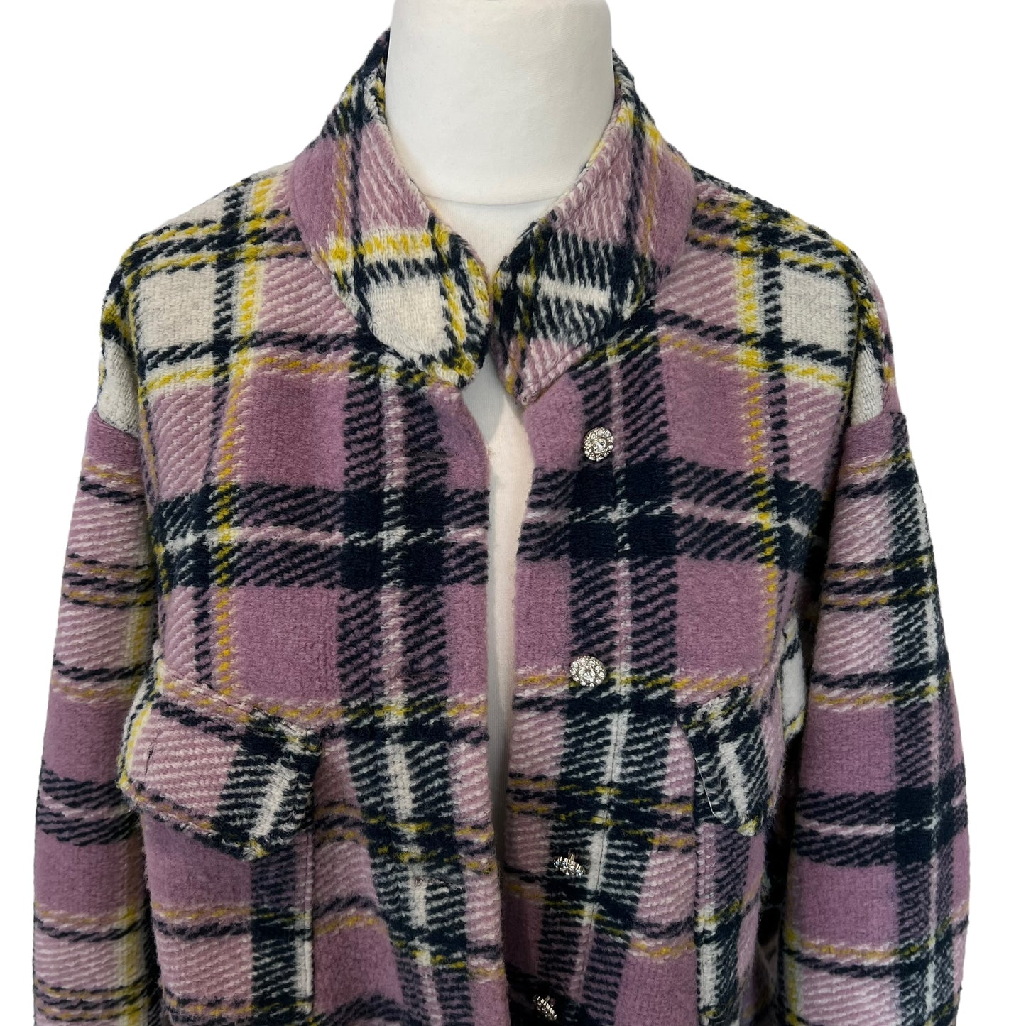 ZARA pink purple check soft wool blend shirt overshirt jacket shacket oversize size M fits L 10 12 14