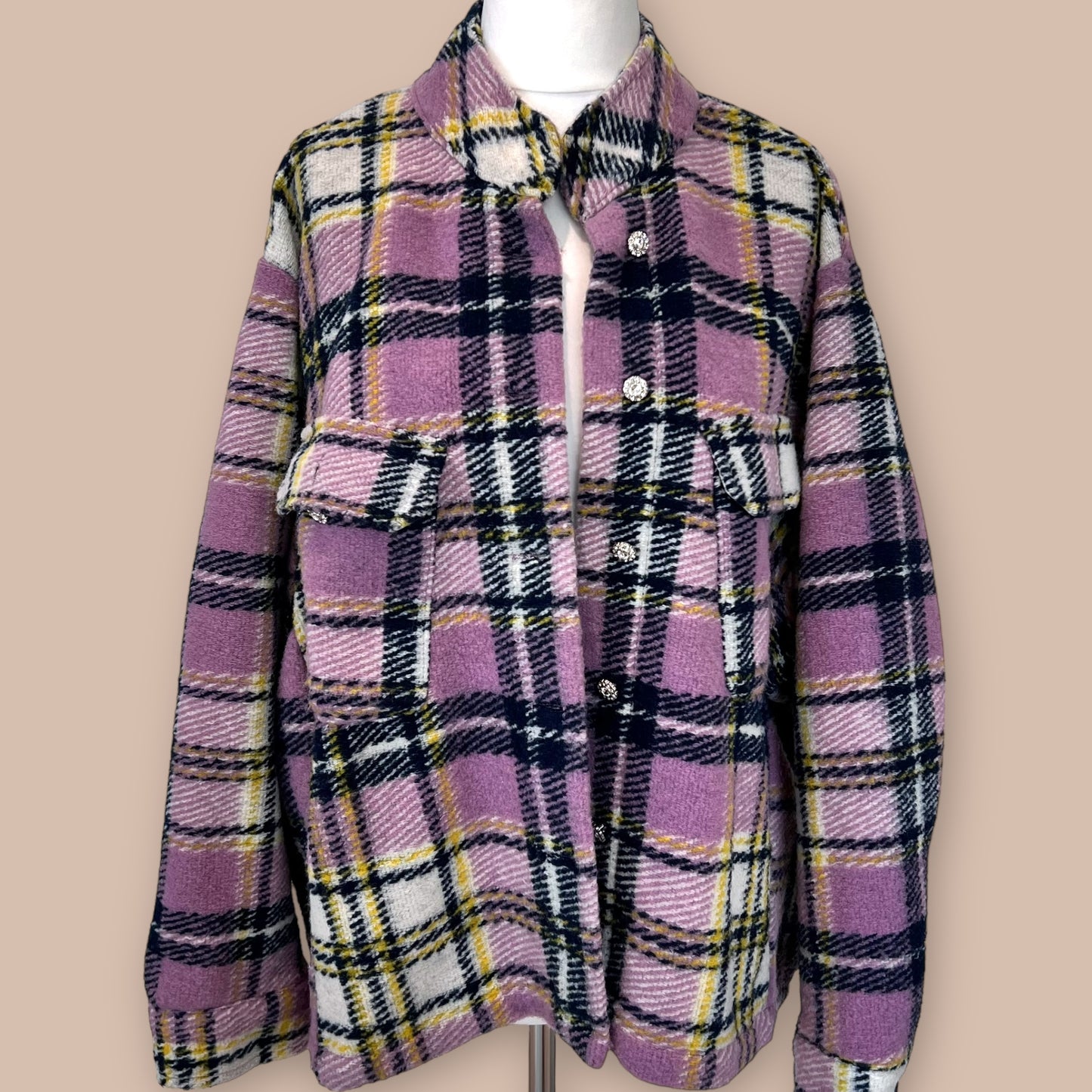 ZARA pink purple check soft wool blend shirt overshirt jacket shacket oversize size M fits L 10 12 14