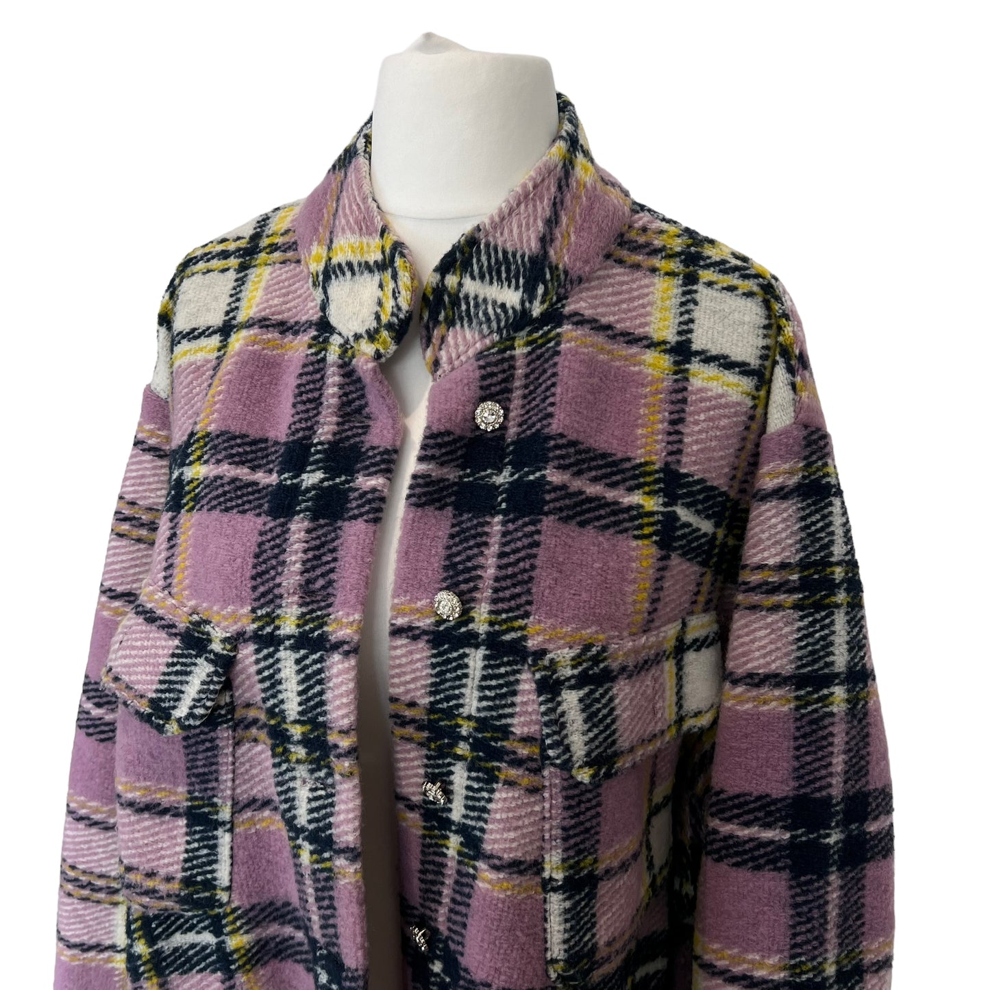 ZARA pink purple check soft wool blend shirt overshirt jacket shacket oversize size M fits L 10 12 14