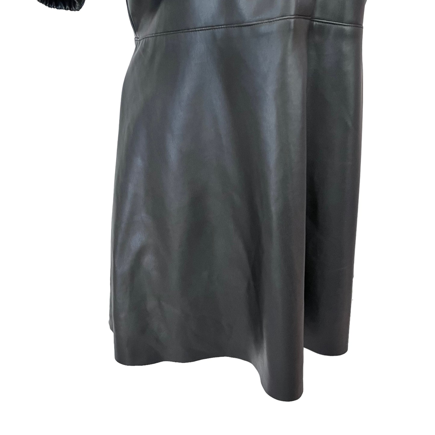 ZARA new black faux leather fit and flare mini short dress puffy shoulders collar button up size XL 14 4387 224 800