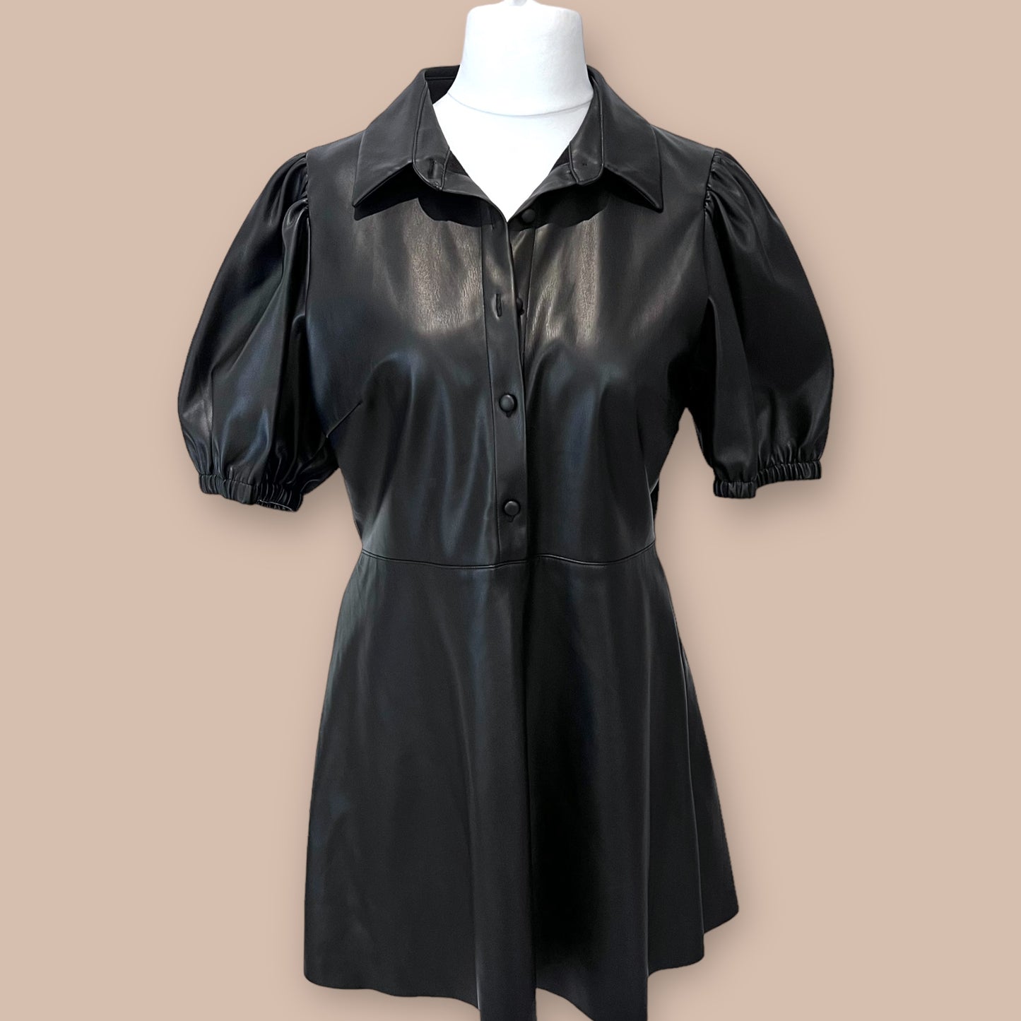 ZARA new black faux leather fit and flare mini short dress puffy shoulders collar button up size XL 14 4387 224 800