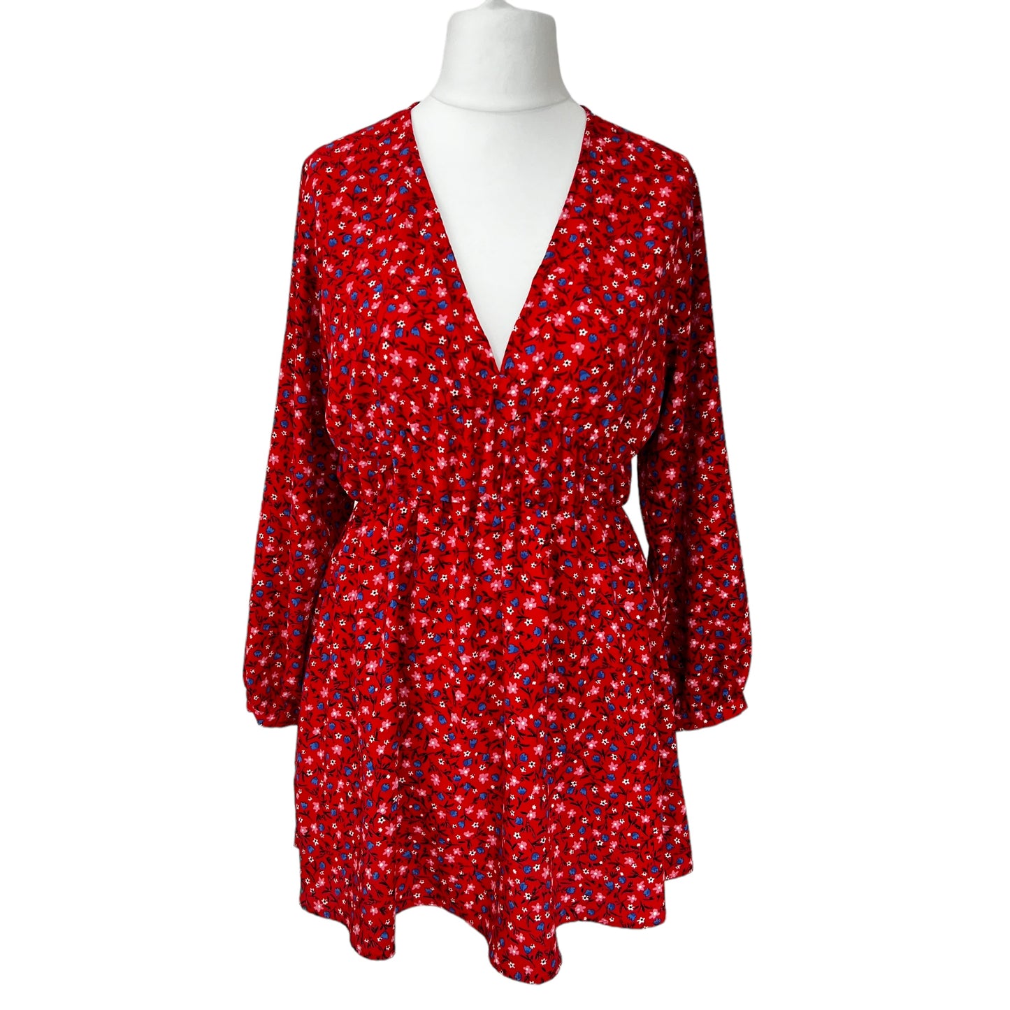 ZARA short red floral flowers print fit flare dress v neck long sleeve size M 10