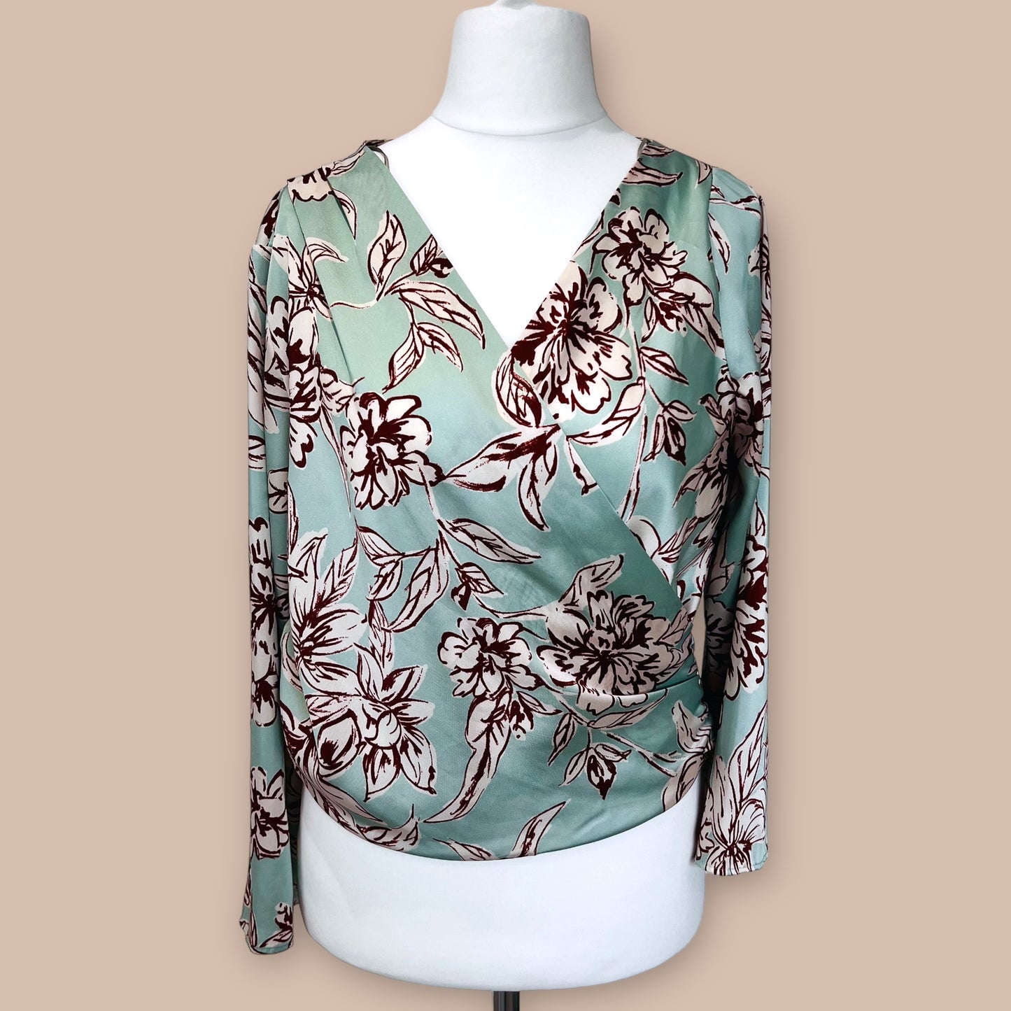 ZARA mint floral print flowers wrap satin silky blouse top size L 12