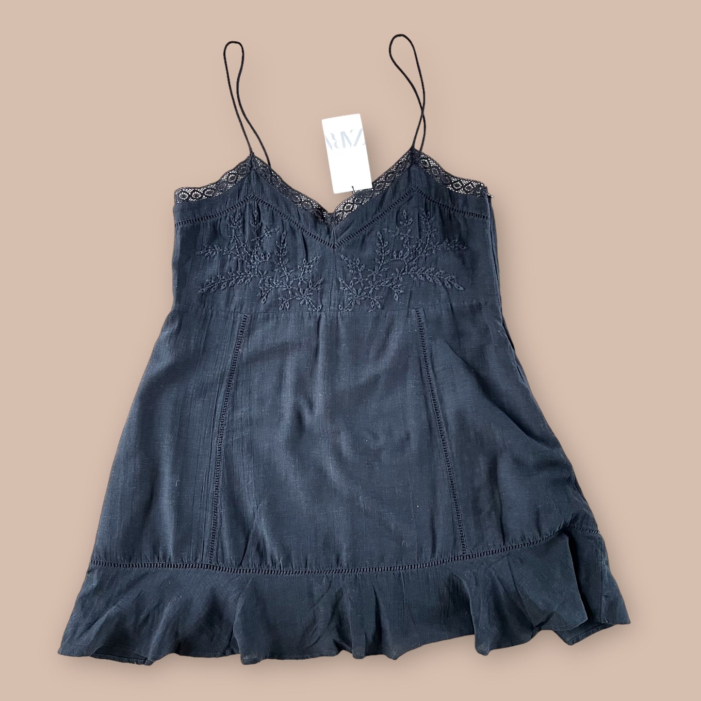 ZARA bnwt new mini short black embroidered cami broderie summer holiday dress size XXL 16 0881 304 800