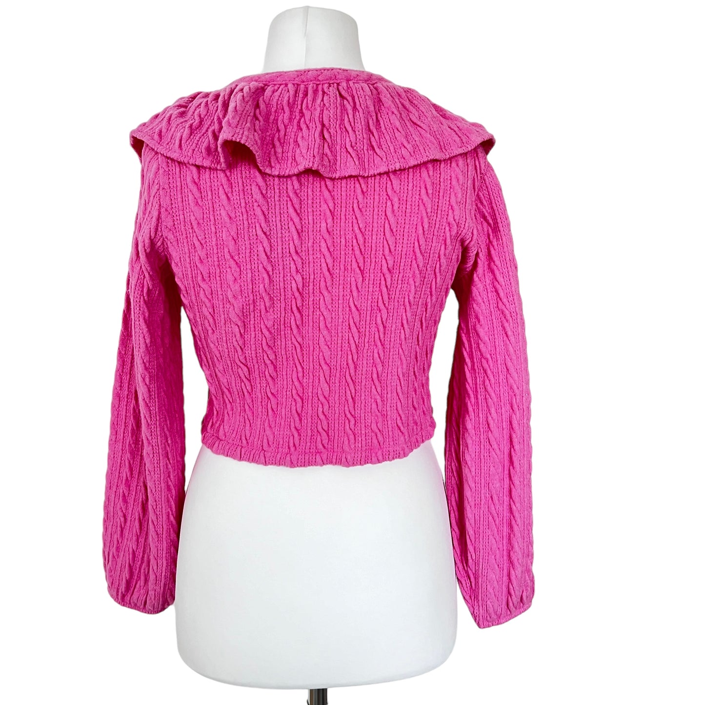 ZARA bnwt new pink short cropped cable-knit cardigan with flowers and frill ruffle tie size M medium 10  5039 576 620