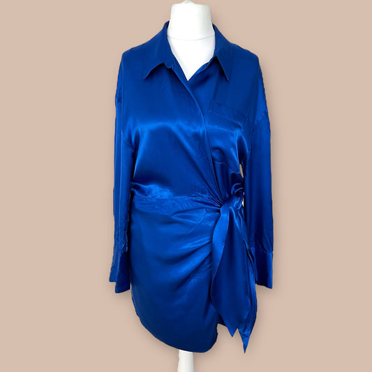 ZARA blue satin silky effect wrap short shirt dress collar tie blogger fav size XL 14 2143 256 420