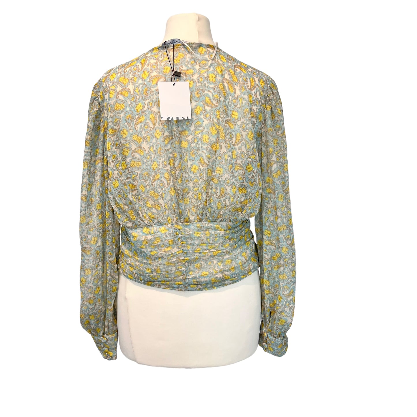 ZARA bnwt chiffon paisley green yellow long sleeve v neck top blouse size M 10 3017 183 330