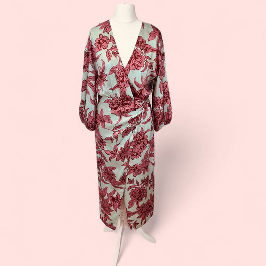 ZARA long midi maxi satin floral print flowers mint red crossed wrap split size S small 8 10 8339 378 330