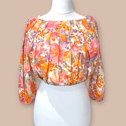 ZARA new crop top pleated 100% cotton floral flowers print orange pink size S small 2423 203 330