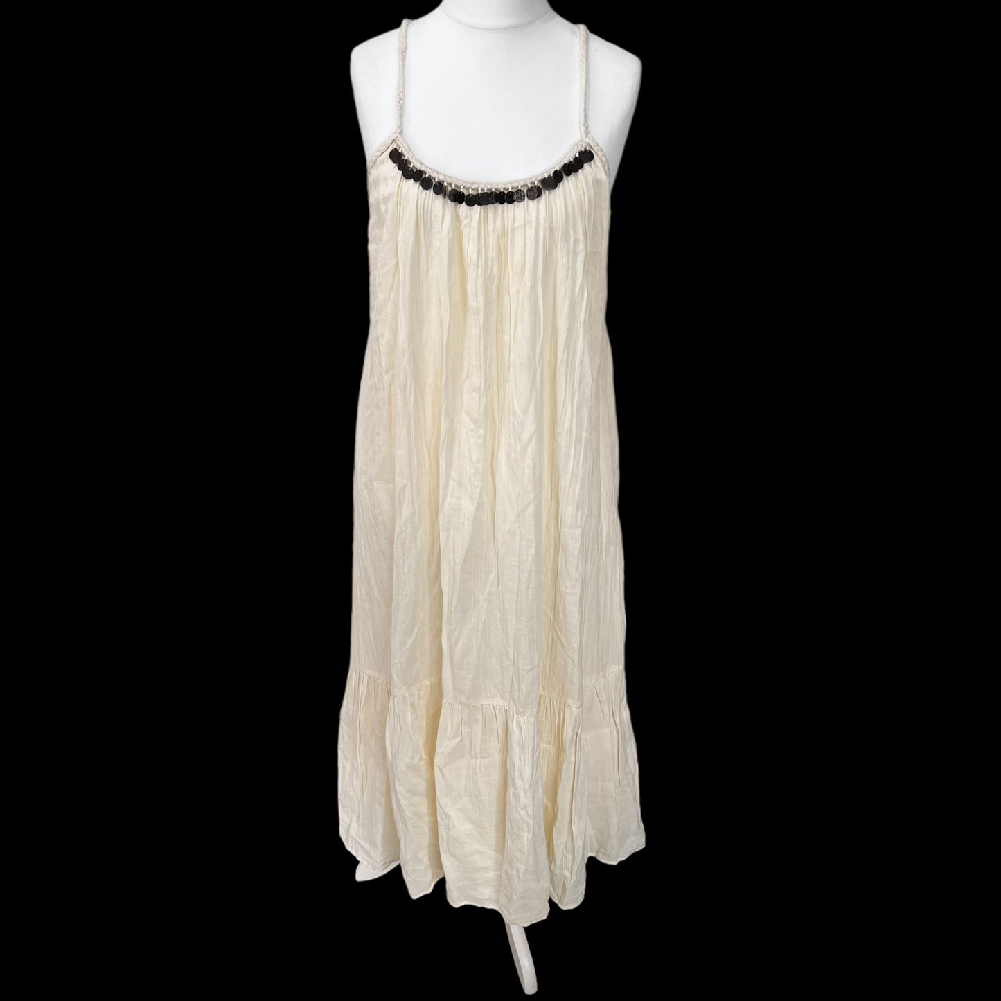 ZARA bnwot new cream ecru cotton maxi midi long summer beach dress coins beads boho size M medium 10 12