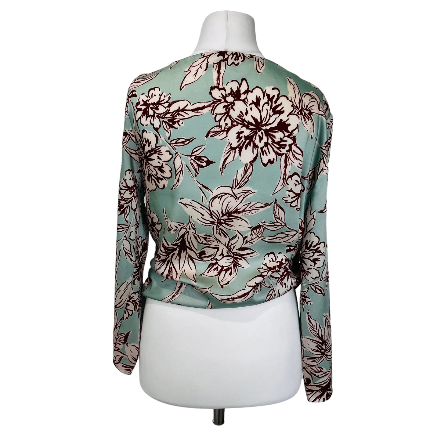 ZARA mint floral print flowers wrap satin silky blouse top size L 12