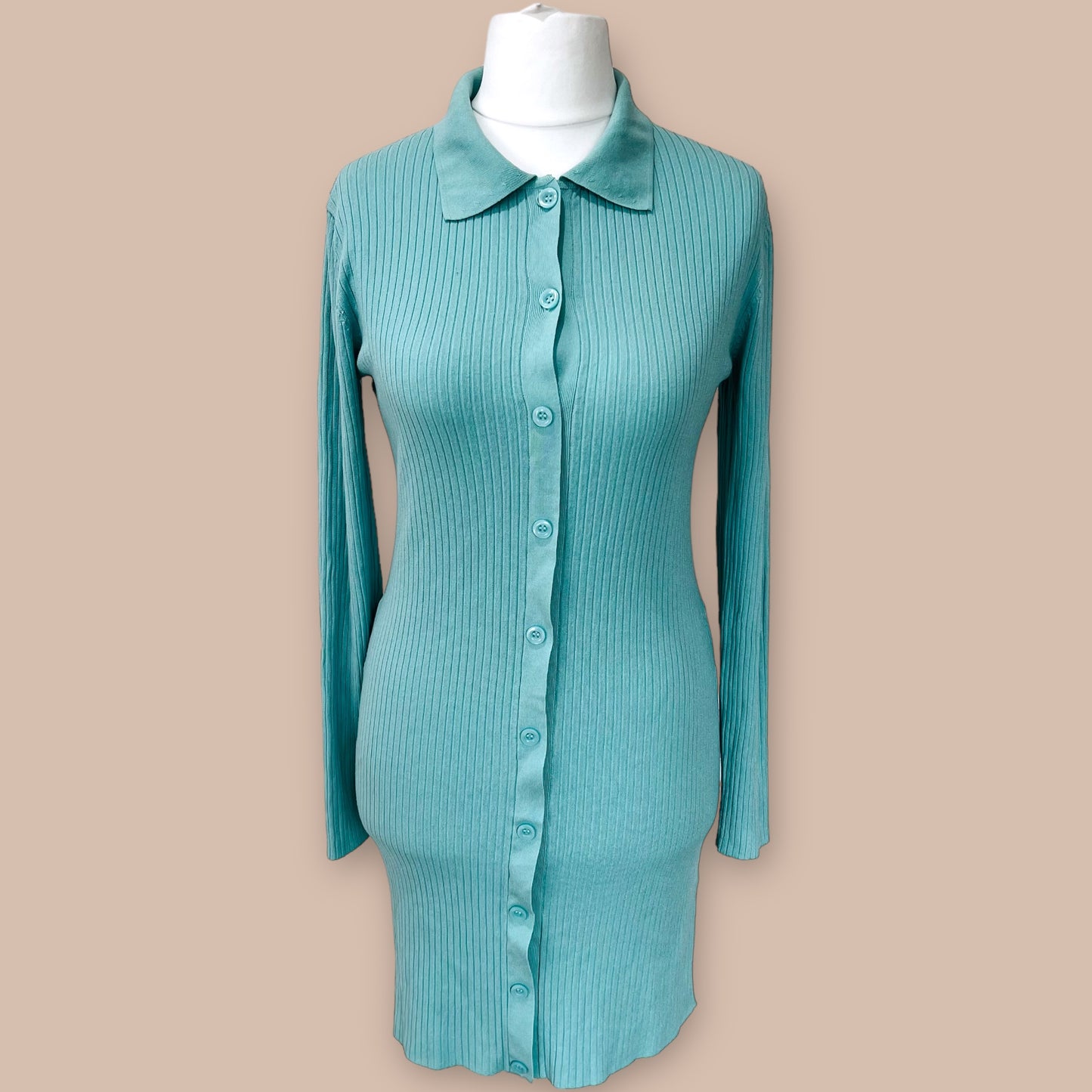 ZARA ribbed mint green fitted collar mini short buttoned up dress size L 12