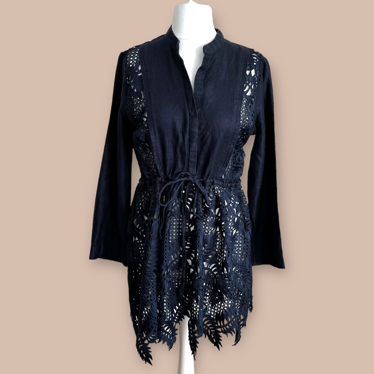 ZARA navy broderie cutwork 100% linen dress beach cover drawstring waist size L 12 4786 076 401