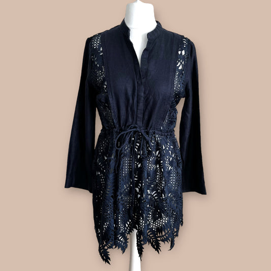 ZARA navy broderie cutwork 100% linen dress beach cover drawstring waist size L 12 4786 076 401