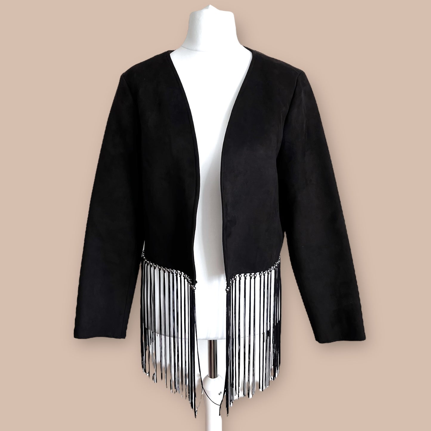 ZARA black faux suede fringe short cropped jacket festival boho bohemian size XL 14 6318 026 800