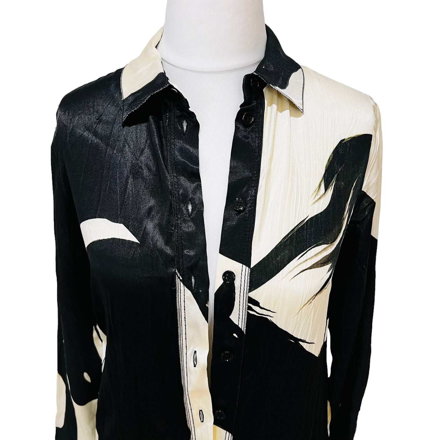 ZARA ZW collection long silky satin black white shirt dress size S M fits 10 8907/065