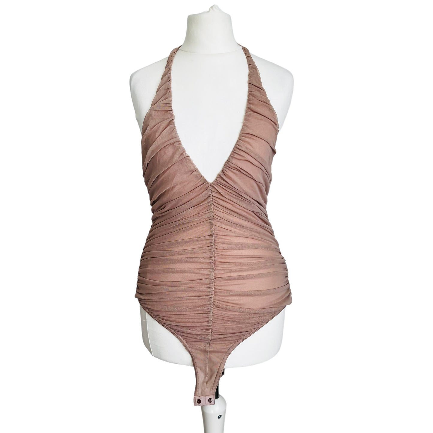 ZARA tulle halter neck open back blush nude beige bodysuit top size S 8 3067 410 942