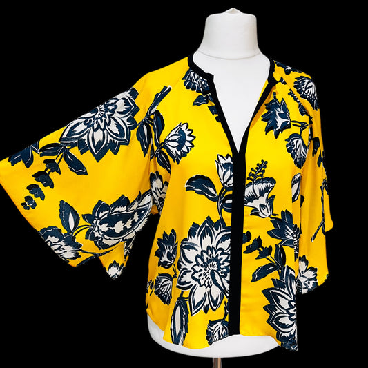 ZARA blouse top yellow black flowers floral print wide sleeves siz M L 10 12