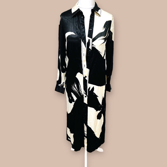 ZARA ZW collection long silky satin black white shirt dress size S M fits 10 8907/065