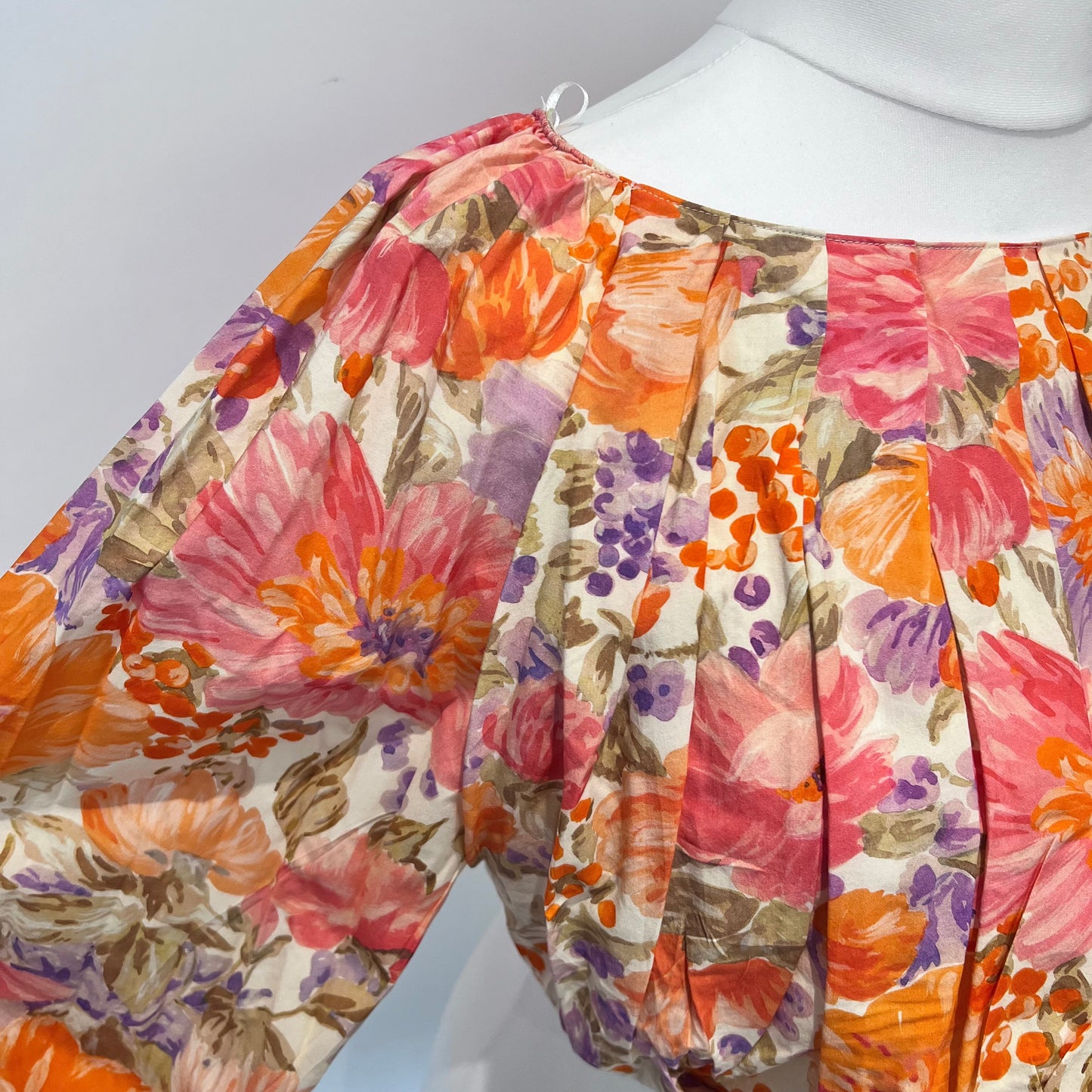 ZARA new crop top pleated 100% cotton floral flowers print orange pink size S small 2423 203 330