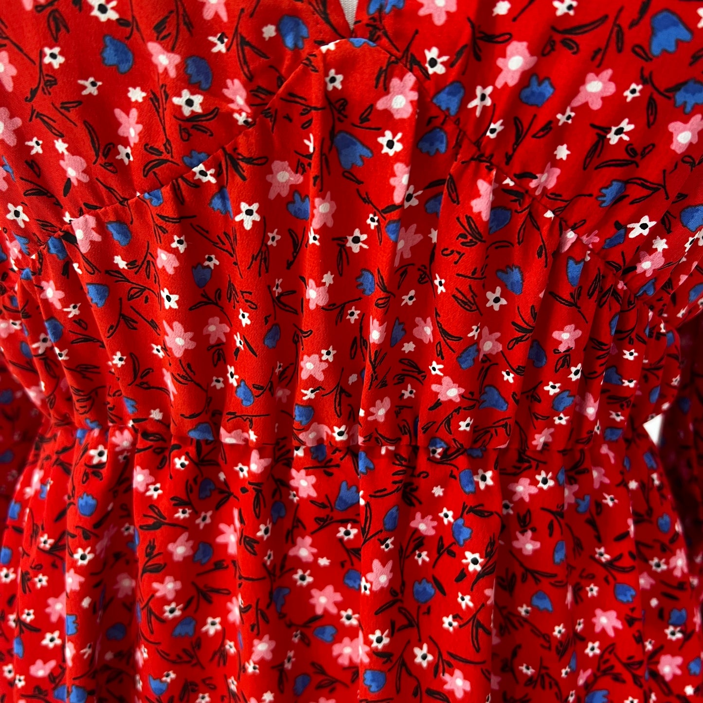 ZARA short red floral flowers print fit flare dress v neck long sleeve size M 10