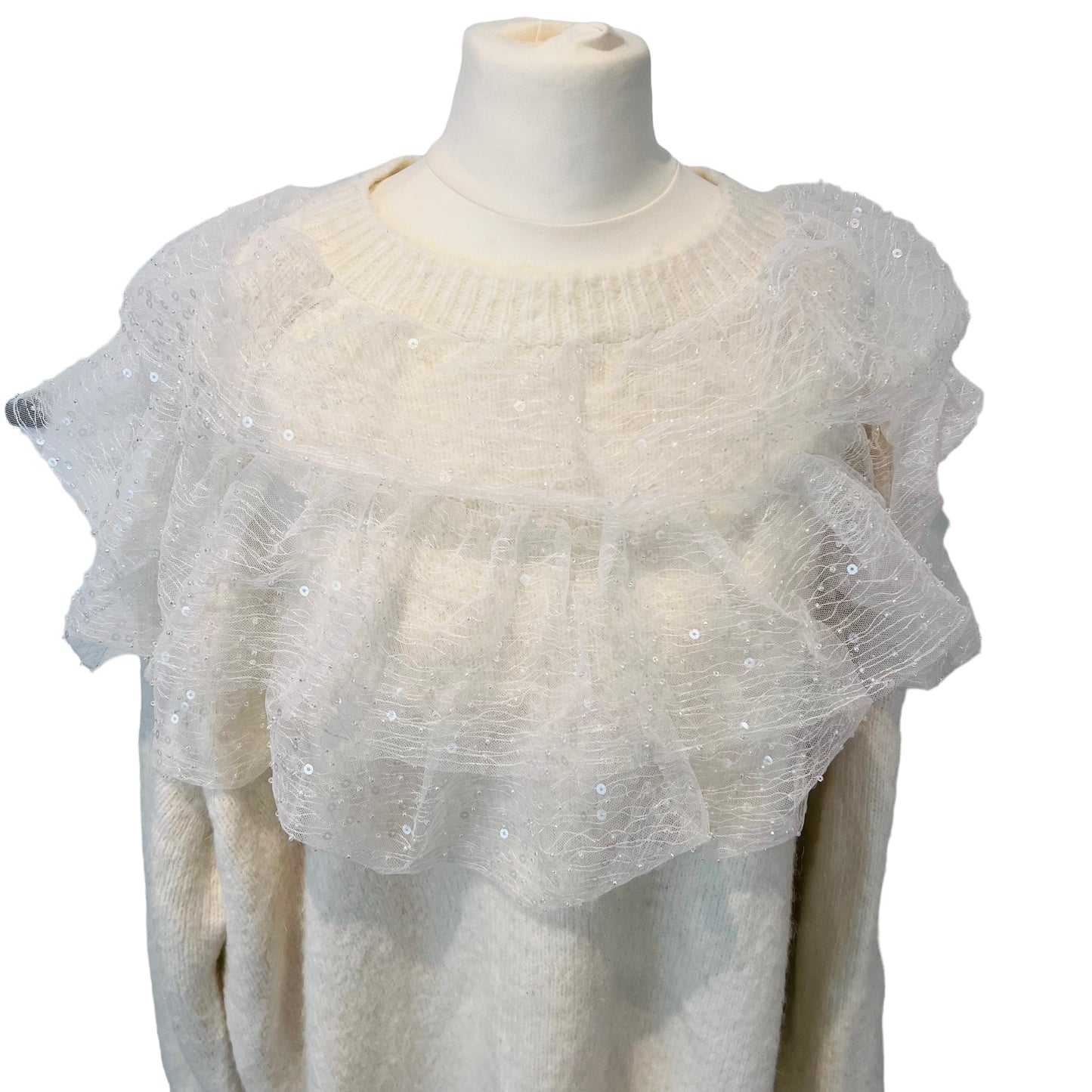 ZARA cream ecru chunky jumper sweater with ruffled collar frill sequins thick oversize size L XL XXL 5507 107 712