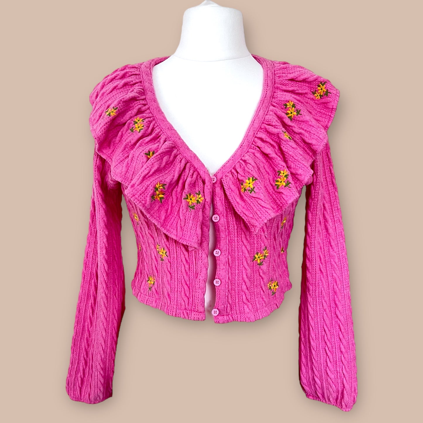 ZARA bnwt new pink short cropped cable-knit cardigan with flowers and frill ruffle tie size M medium 10  5039 576 620