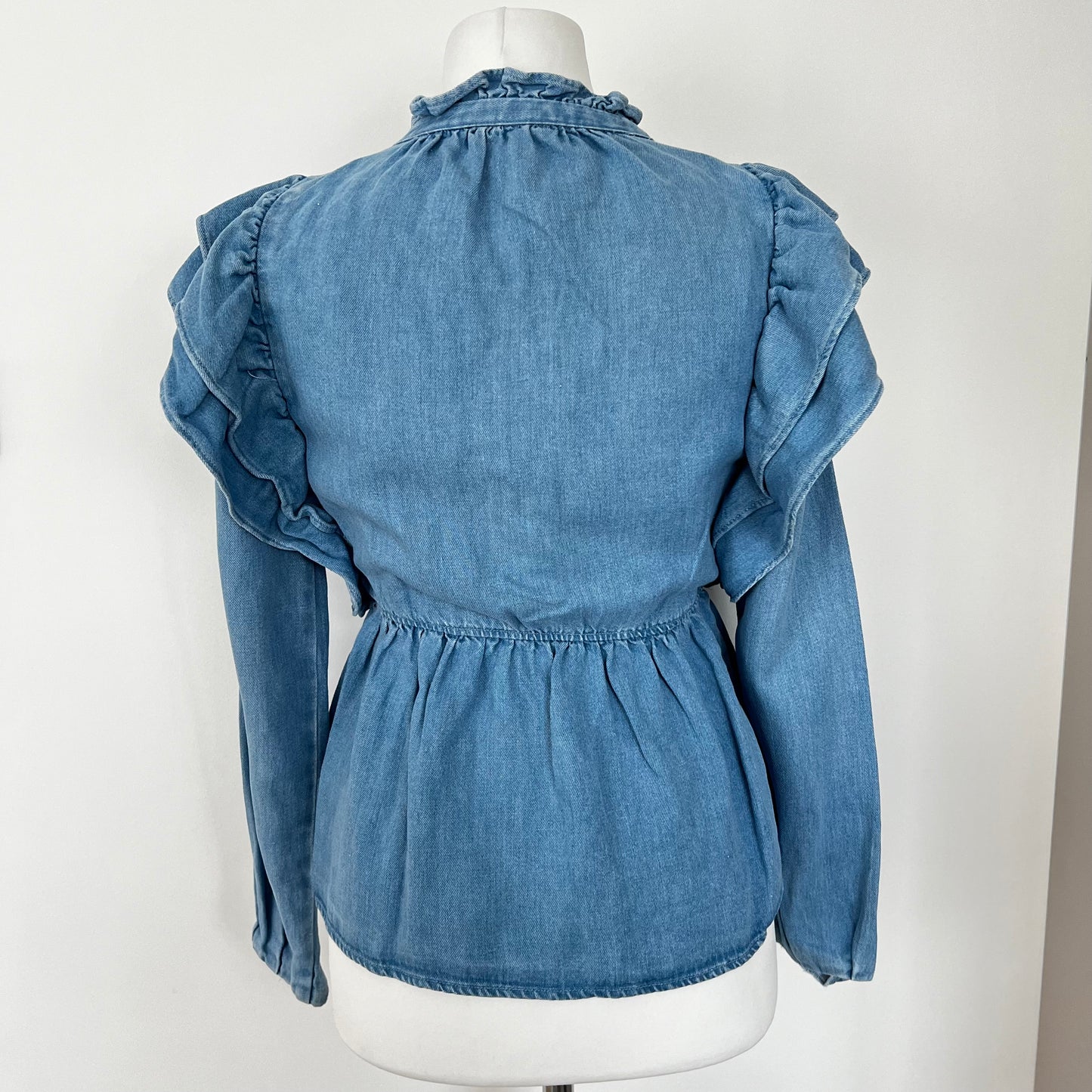 ZARA denim blouse shirt with frills ruffles blue peplum linen lyocell size S small 6 8 6929 005 406