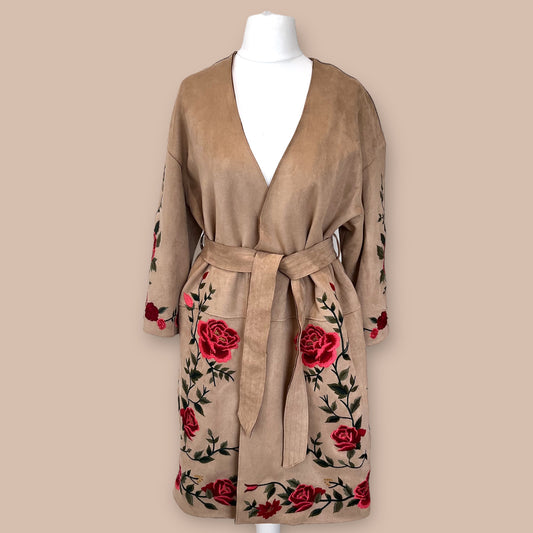 ZARA bnwt new brown embroidered broderie faux suede spring coat oversize size S M 8 10 12