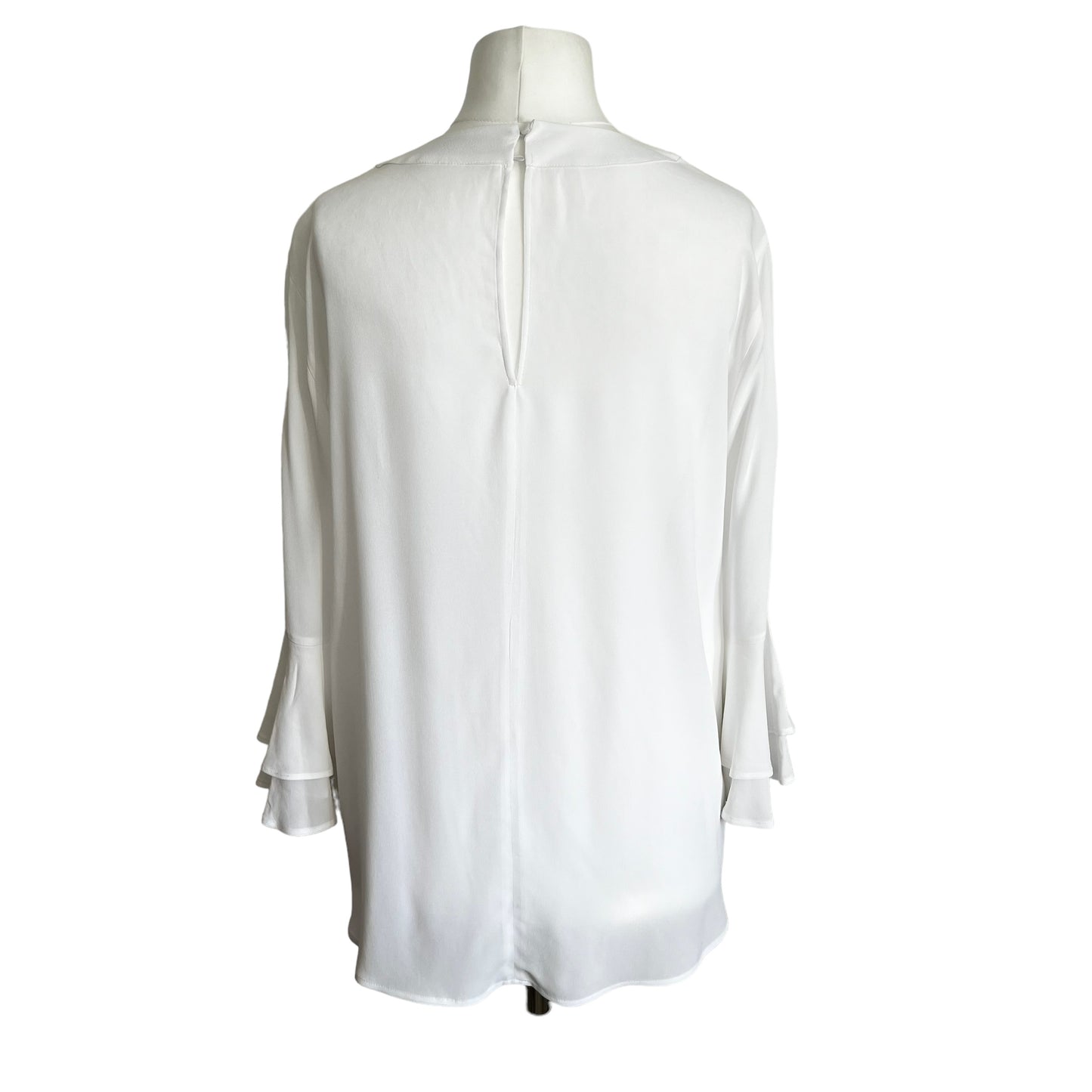 ZARA white top blouse with flared sleeve frill ruffle cut out neck size L 12