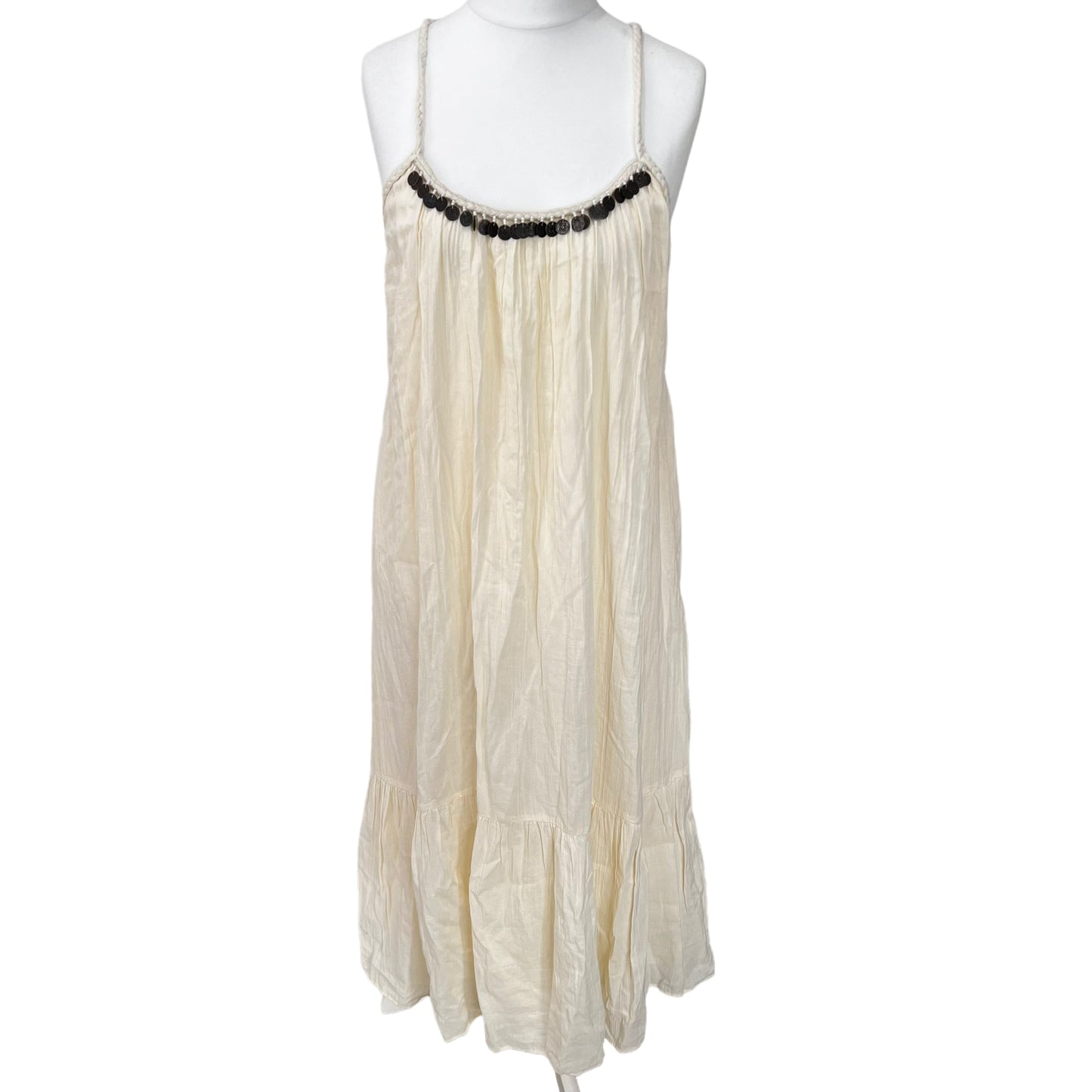 ZARA bnwot new cream ecru cotton maxi midi long summer beach dress coins beads boho size M medium 10 12