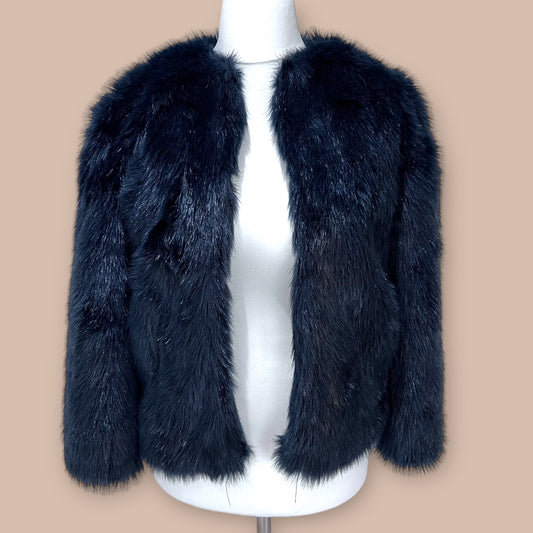 ZARA  dark navy faux fur short jacket shaggy size s small 6 8 3811 230 401