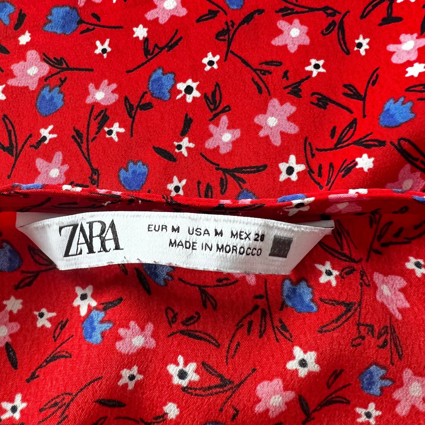 ZARA short red floral flowers print fit flare dress v neck long sleeve size M 10