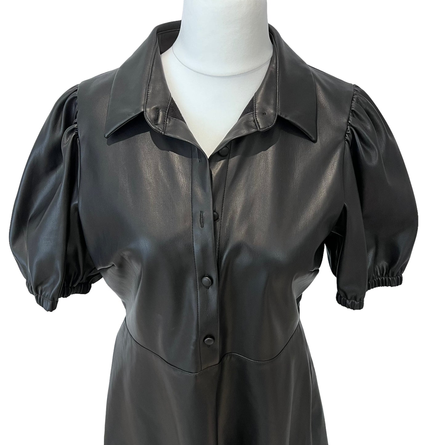 ZARA new black faux leather fit and flare mini short dress puffy shoulders collar button up size XL 14 4387 224 800