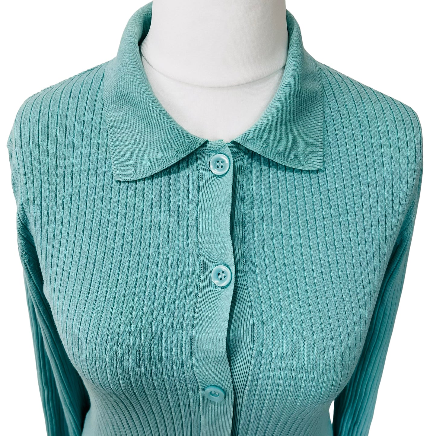 ZARA ribbed mint green fitted collar mini short buttoned up dress size L 12